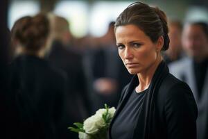 portrait de une triste femme avec une funéraire bouquet de fleurs ai généré photo