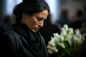 portrait de une triste femme avec une funéraire bouquet de fleurs ai généré photo