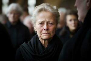 portrait de une triste femme avec une funéraire bouquet de fleurs ai généré photo