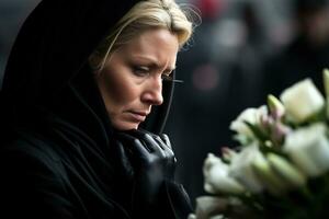 portrait de une triste femme avec une funéraire bouquet de fleurs ai généré photo