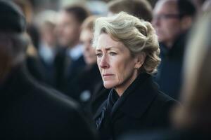 portrait de une triste femme avec une funéraire bouquet de fleursai généré photo