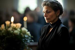 portrait de une triste femme avec une funéraire bouquet de fleursai généré photo