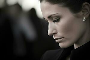 portrait de une triste femme avec une funéraire bouquet de fleursai généré photo