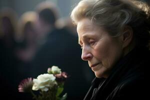 portrait de une triste femme avec une funéraire bouquet de fleursai généré photo