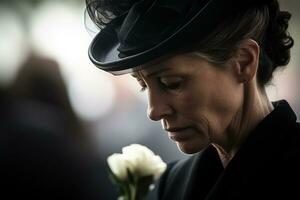 portrait de une triste femme avec une funéraire bouquet de fleursai généré photo