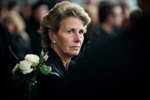 portrait de une triste femme avec une funéraire bouquet de fleursai généré photo