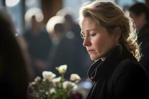 portrait de une triste femme avec une funéraire bouquet de fleursai généré photo