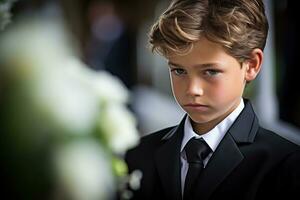 portrait de une garçon dans une noir costume avec une funéraire bouquet de fleurs ai généré photo