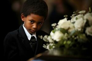 portrait de une garçon dans une noir costume avec une funéraire bouquet de fleurs ai généré photo