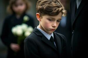 portrait de une garçon dans une noir costume avec une funéraire bouquet de fleurs ai généré photo