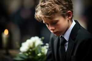 portrait de une garçon dans une noir costume avec une funéraire bouquet de fleurs ai généré photo