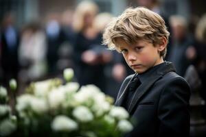 portrait de une garçon dans une noir costume avec une funéraire bouquet de fleurs ai généré photo