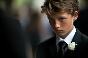 portrait de une garçon dans une noir costume avec une funéraire bouquet de fleurs ai généré photo