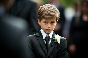 portrait de une garçon dans une noir costume avec une funéraire bouquet de fleurs ai généré photo