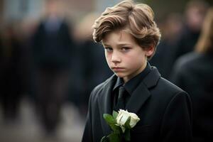 portrait de une garçon dans une noir costume avec une funéraire bouquet de fleurs ai généré photo