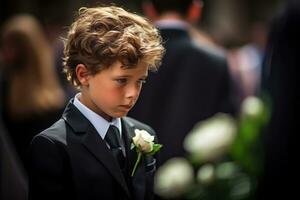 portrait de une garçon dans une noir costume avec une funéraire bouquet de fleurs ai généré photo