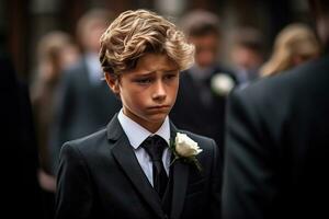 portrait de une garçon dans une noir costume avec une funéraire bouquet de fleurs ai généré photo