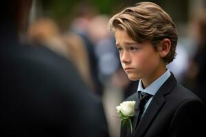 portrait de une garçon dans une noir costume avec une funéraire bouquet de fleurs ai généré photo