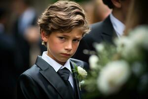 portrait de une garçon dans une noir costume avec une funéraire bouquet de fleurs ai généré photo