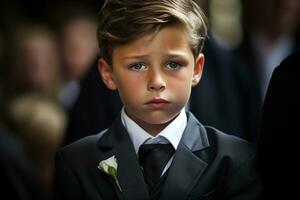 portrait de une garçon dans une noir costume avec une funéraire bouquet de fleurs ai généré photo