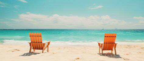 plage chaises sur tropical sablonneux plage avec turquoise océan l'eau ai généré photo