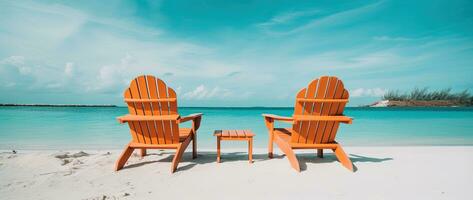 plage chaises sur tropical sablonneux plage avec turquoise océan l'eau ai généré photo