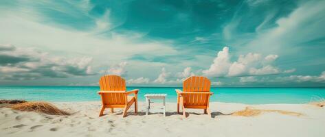 plage chaises sur tropical sablonneux plage avec turquoise océan l'eau ai généré photo