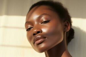 portrait de une magnifique africain américain femme avec foncé peau et Naturel maquillage ai généré photo