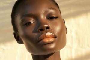 portrait de une magnifique africain américain femme avec foncé peau et Naturel maquillage ai généré photo