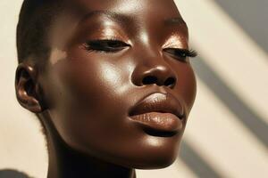 portrait de une magnifique africain américain femme avec foncé peau et Naturel maquillage ai généré photo