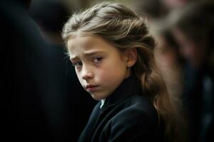 portrait de une triste peu fille sur le Contexte de le foule.funérailles concept ai généré photo