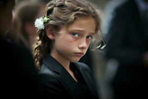 portrait de une triste peu fille sur le Contexte de le foule.funérailles concept ai généré photo