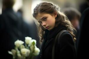 portrait de une triste peu fille sur le Contexte de le foule.funérailles concept ai généré photo