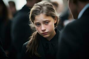 portrait de une triste peu fille sur le Contexte de le foule.funérailles concept ai généré photo