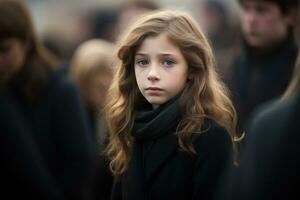 portrait de une triste peu fille sur le Contexte de le foule.funérailles concept ai généré photo