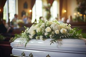 fermer coup de une coloré cercueil dans une corbillard ou chapelle avant funéraire ou enterrement à cimetière ai généré photo