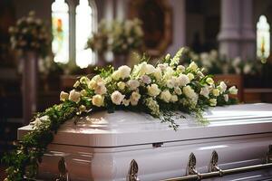 fermer coup de une coloré cercueil dans une corbillard ou chapelle avant funéraire ou enterrement à cimetière ai généré photo