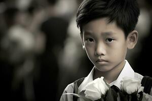 portrait de peu asiatique garçon avec triste expression.funérailles concept ai généré photo