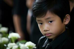 portrait de peu asiatique garçon avec triste expression.funérailles concept ai généré photo
