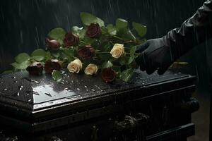 fermer de une funéraire cercueil à une cimetière avec fleurs dans le pluie, main sur le la tombe dans le pluie avec foncé Contexte et Rose ai généré photo