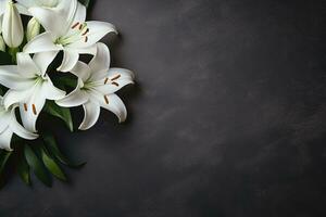 magnifique blanc lis fleurs sur noir Contexte avec copie espace.funérailles concept ai généré photo