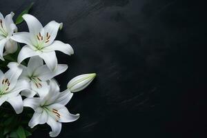 magnifique blanc lis fleurs sur noir Contexte avec copie espace.funérailles concept ai généré photo