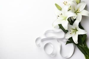 blanc lis bouquet avec ruban sur blanc arrière-plan.funérailles concept ai généré photo