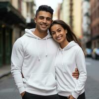 illustration de une modecouple portrait avec plaine sweat à capuche maquette, ai généré photo