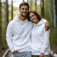 illustration de une modecouple portrait avec plaine sweat à capuche maquette, ai généré photo