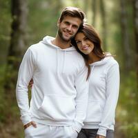 illustration de une modecouple portrait avec plaine sweat à capuche maquette, ai généré photo