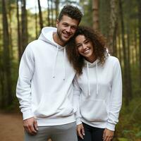 illustration de une modecouple portrait avec plaine sweat à capuche maquette, ai généré photo