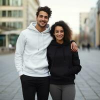 illustration de une modecouple portrait avec plaine sweat à capuche maquette, ai généré photo