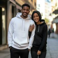 illustration de une modecouple portrait avec plaine sweat à capuche maquette, ai généré photo