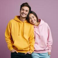 illustration de une modecouple portrait avec plaine sweat à capuche maquette, ai généré photo